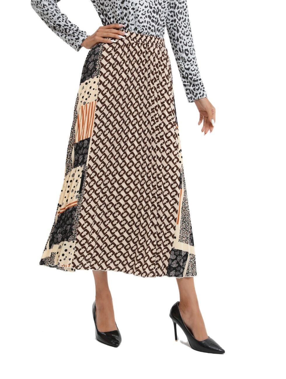 Mixed Print Midi Pleated Skirt - Image 3