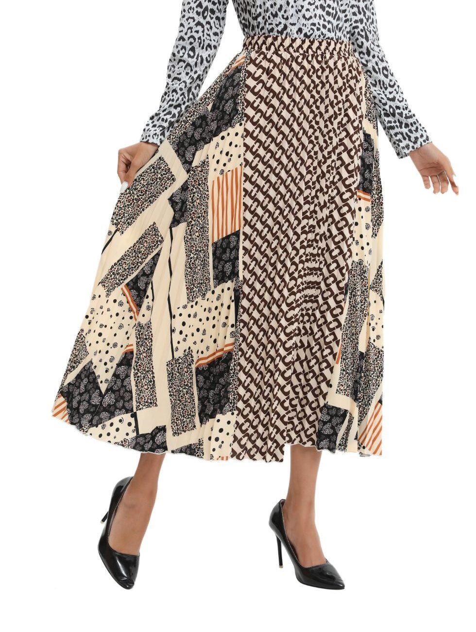 Mixed Print Midi Pleated Skirt - Image 2