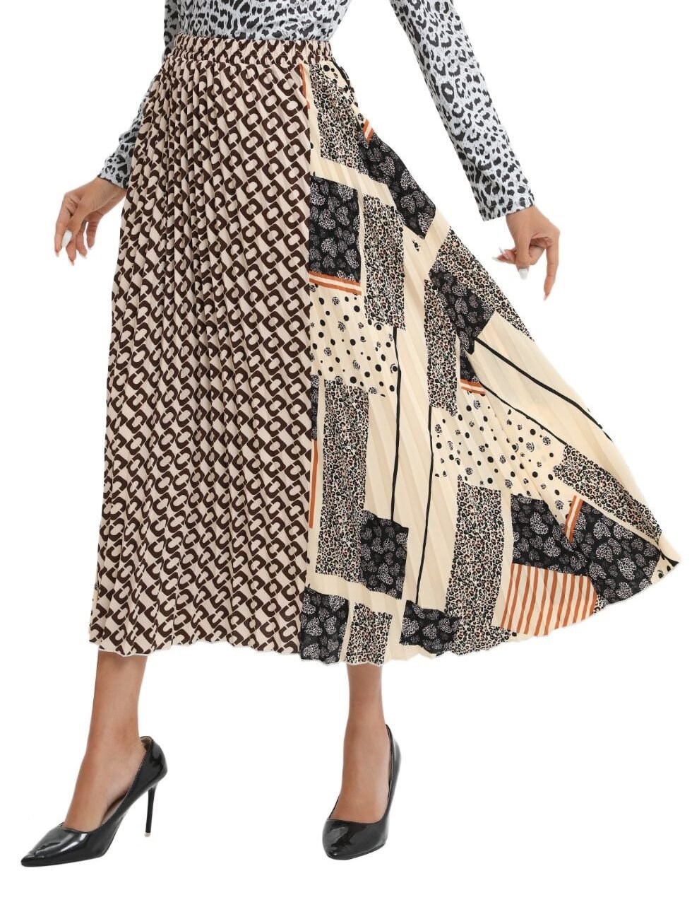 Mixed Print Midi Pleated Skirt - Image 4