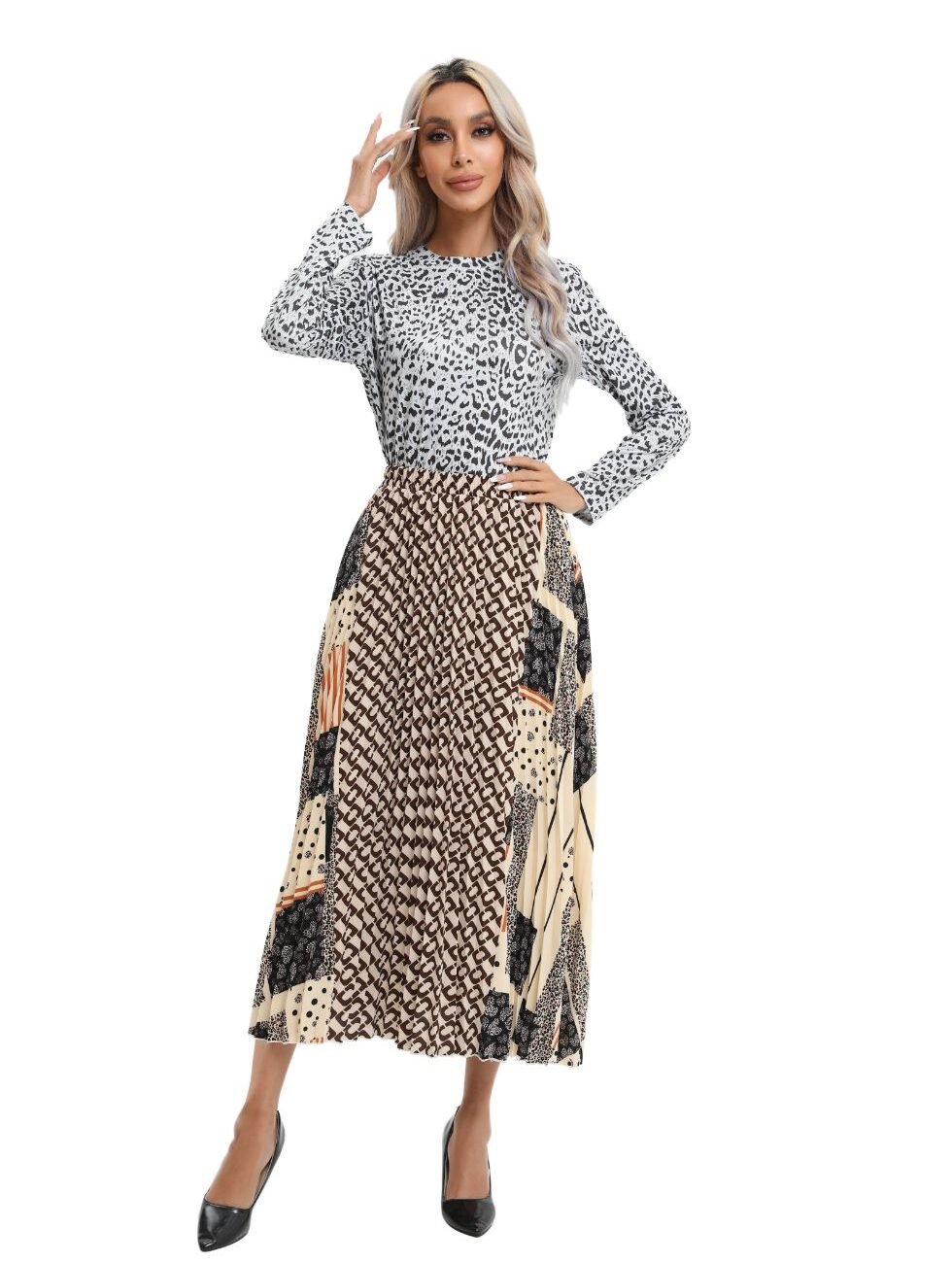 Mixed Print Midi Pleated Skirt