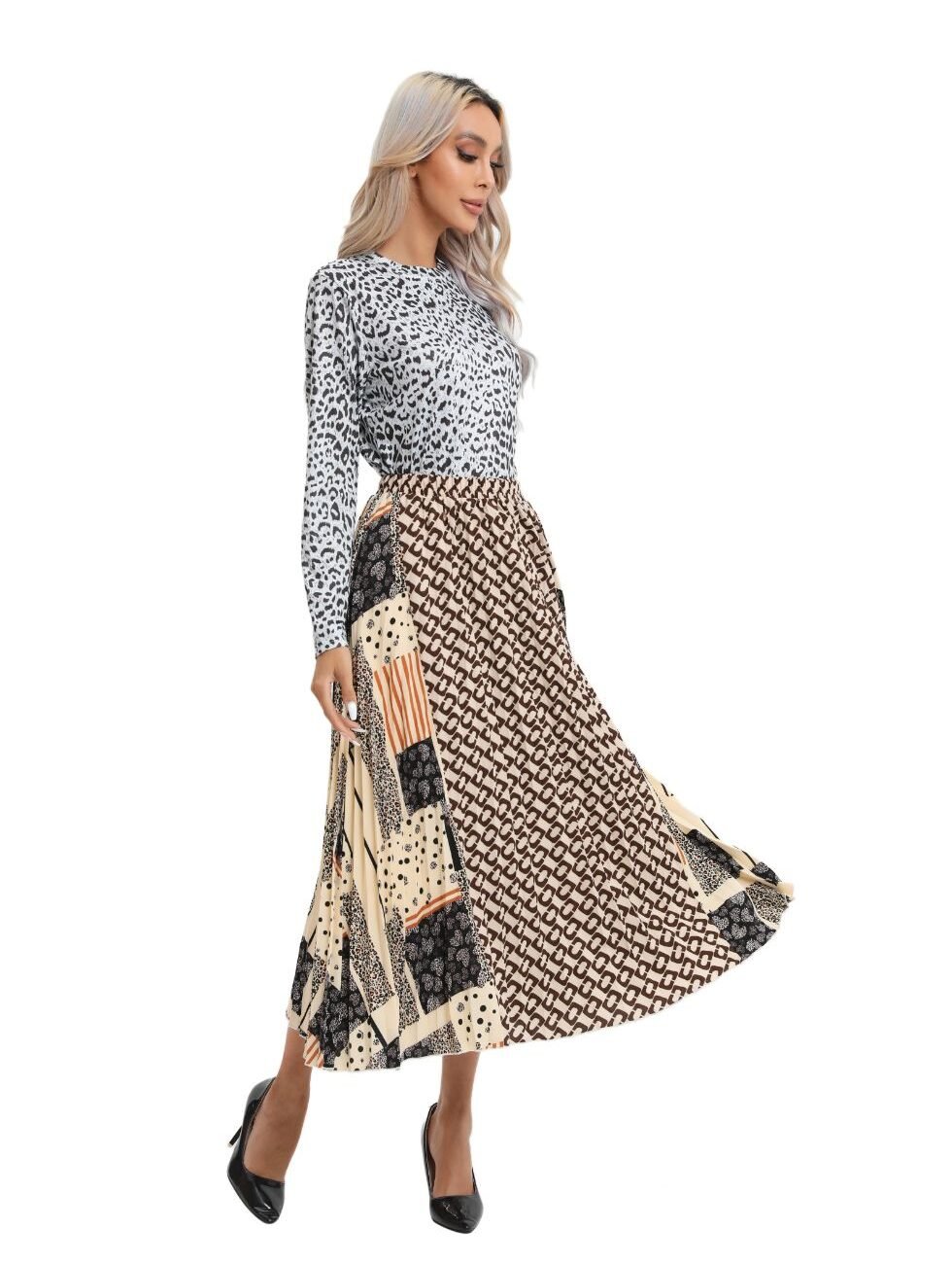 Mixed Print Midi Pleated Skirt - Image 6