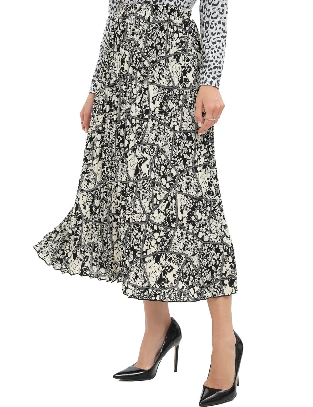 Monochrome Print Midi Pleated Skirt