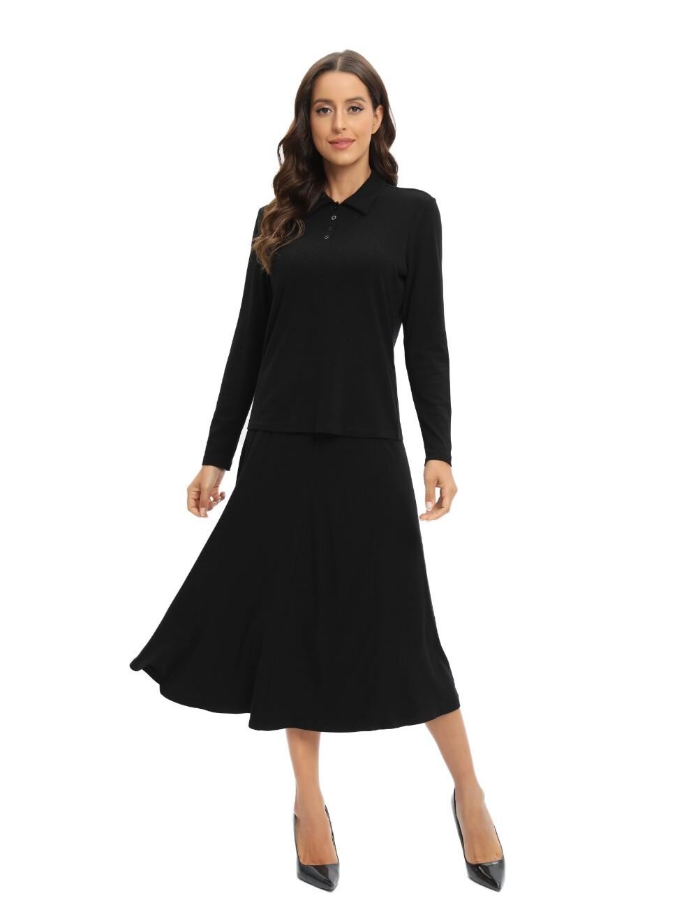 Black Jersey Polo Shirt and Matching Skirt Set