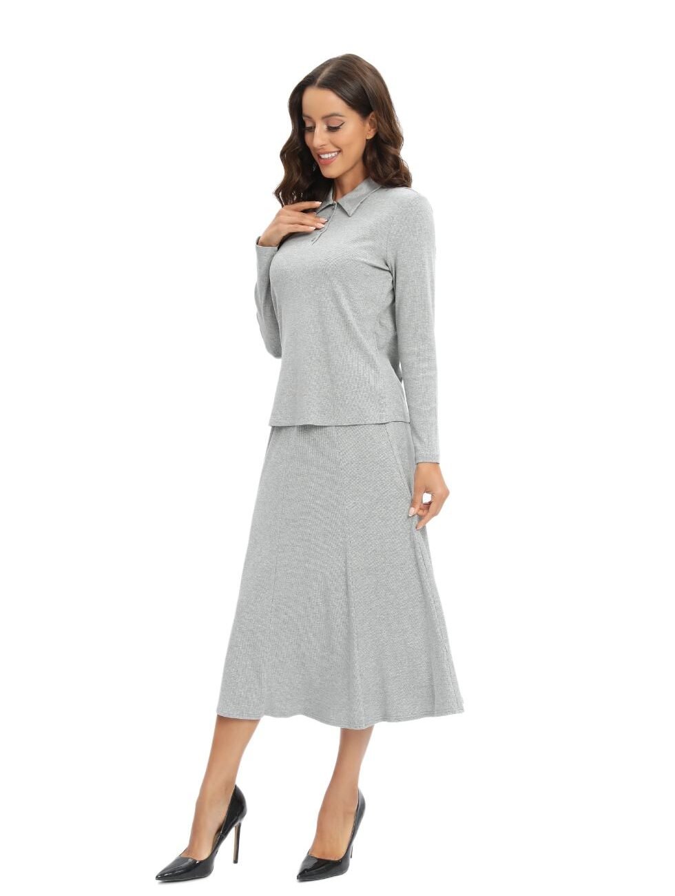 Grey Jersey Polo Shirt and Matching Skirt Set - Image 5