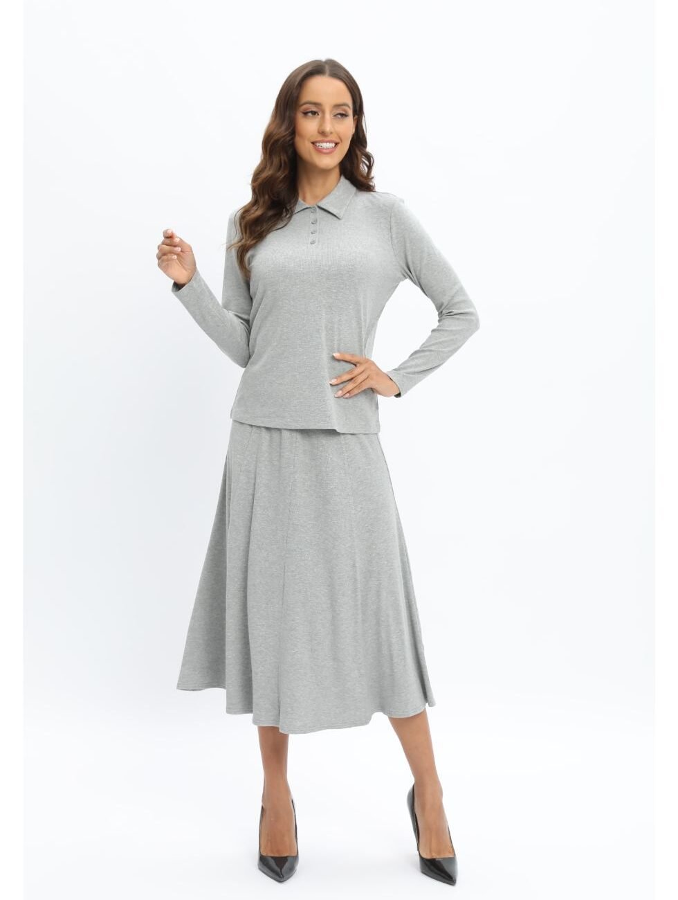 Grey Jersey Polo Shirt and Matching Skirt Set - Image 6