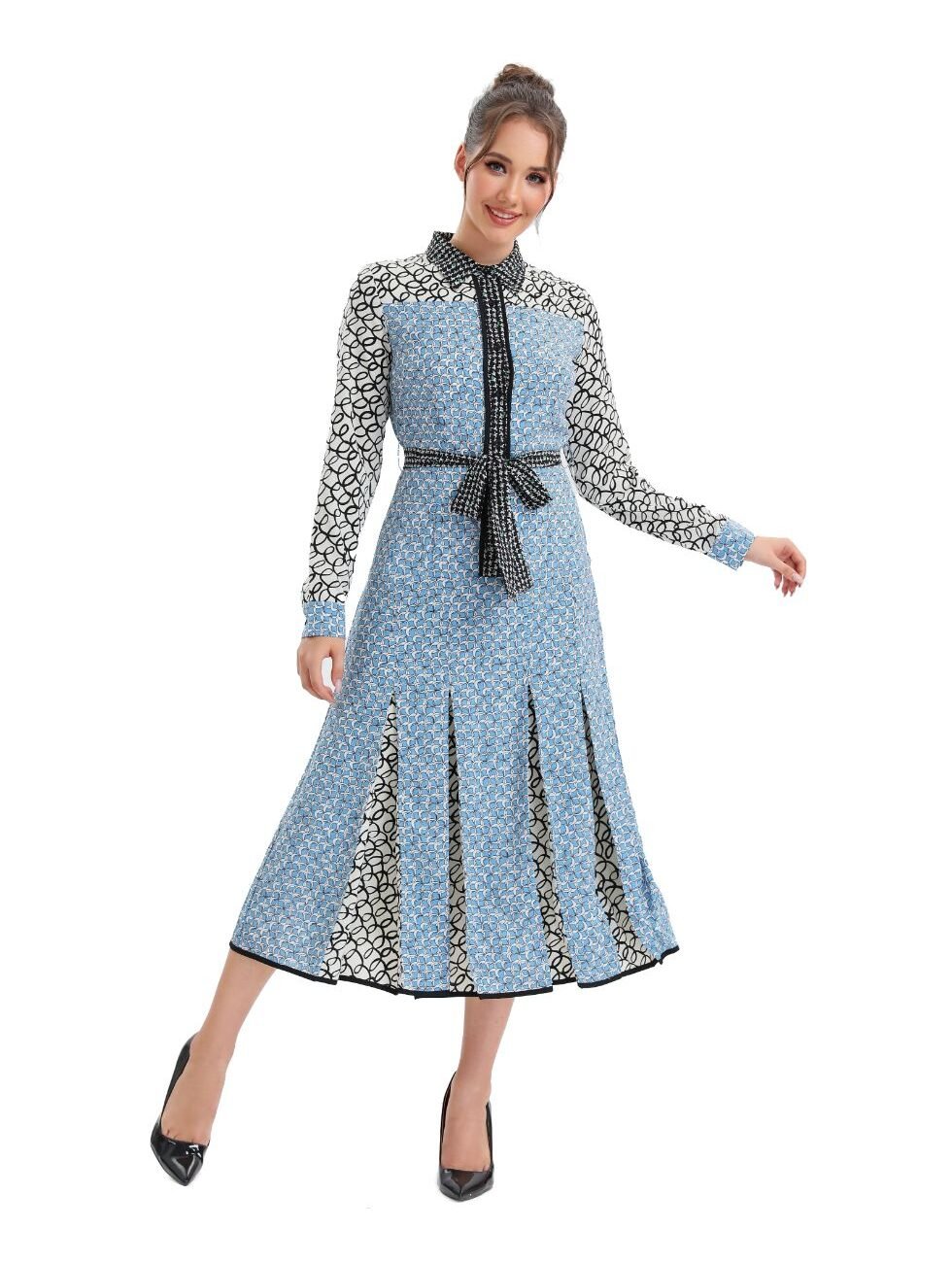 Sky Blue Pleated Midi Dress with Self Tie - Image 6